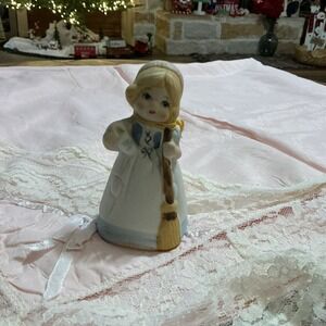 Vtg 1978 Jasco Merri Bells Bisque Porcelain Girl w/ Broom Bell WITH ORIGINAL TAG
